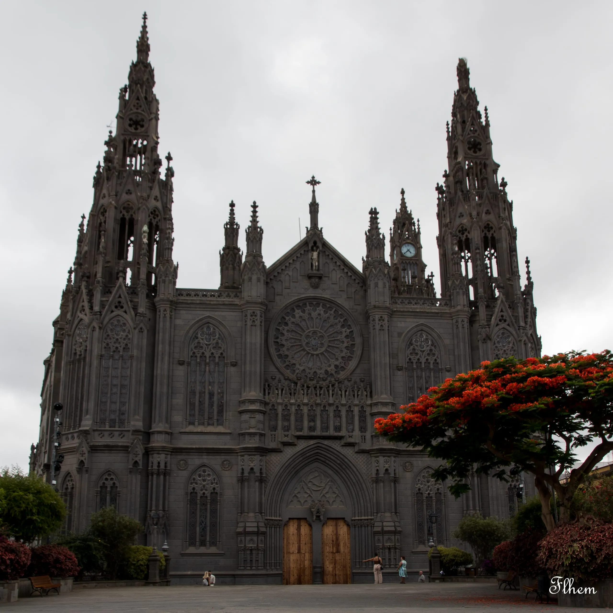 Façade d'une église néogothique en pierre sombre, flamboyant en fleurs rouges au premier plan